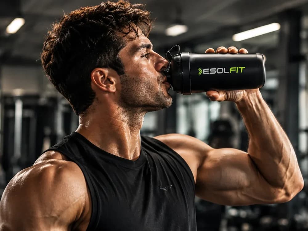 Spor salonunda çalkalayıcısından içen sporcu