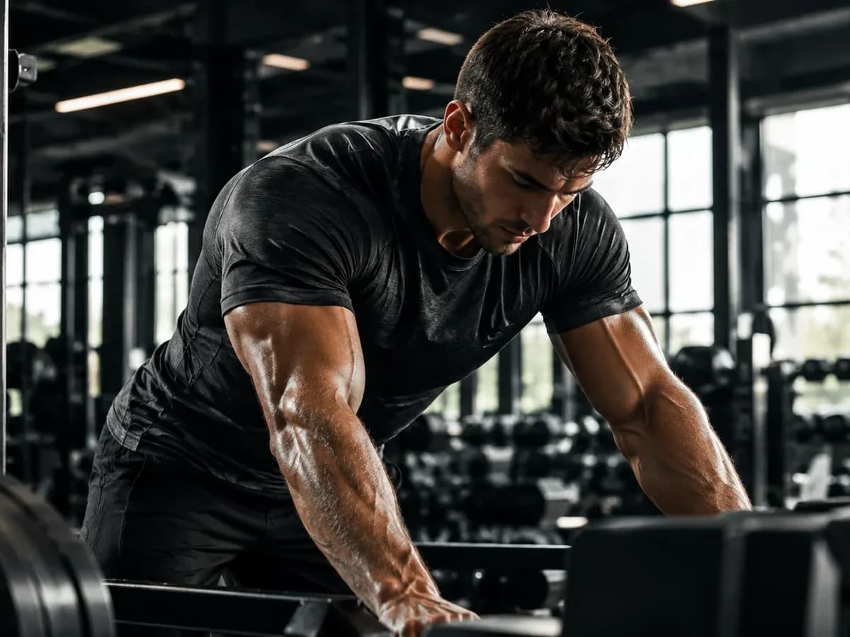 Spor salonunda ağırlık sehpasına eğilmiş sporcu
