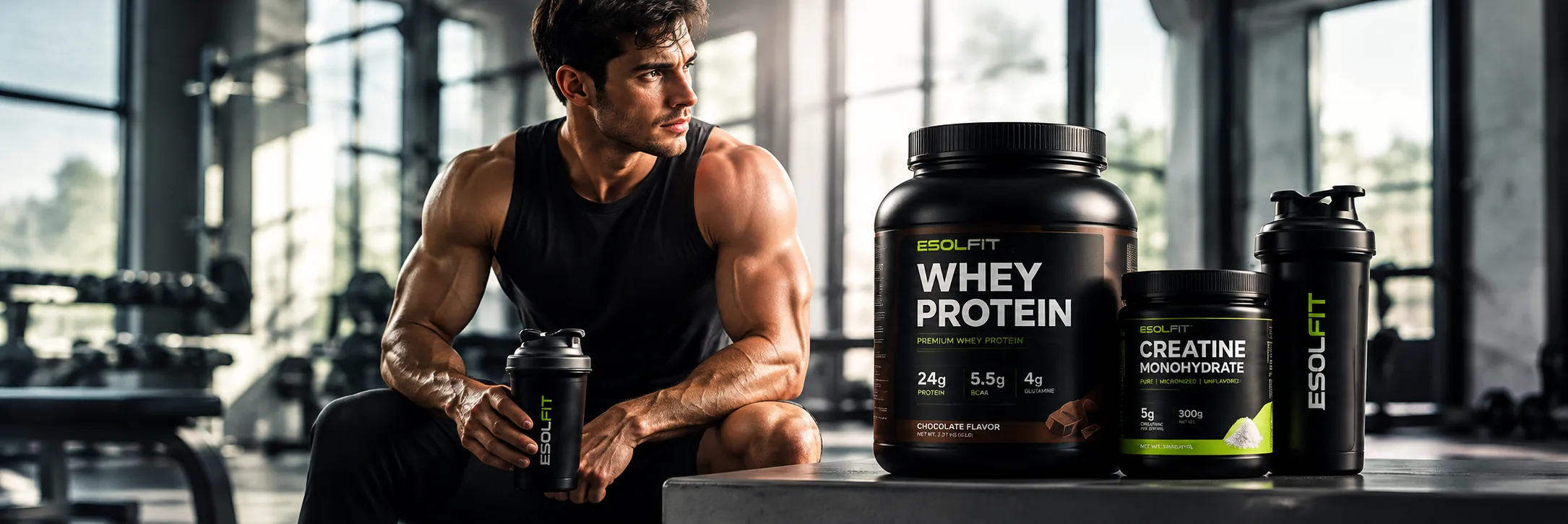 Spor salonunda çalkalayıcısıyla oturan sporcu, yanında protein ve kreatin kutuları